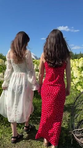 Two young women are walking away from the camera down a grassy path through a field of white and pink hydrangeas under a clear blue sky. Both women have long dark hair. The woman on the left is wearing a long-sleeved white dress with a floral pattern and black sandals. The woman on the right is wearing a sleeveless red dress with white polka dots and tan sandals. They are holding hands. In the background, there is a white tent structure with some wooden beams to the left, and trees in the distance to the right.