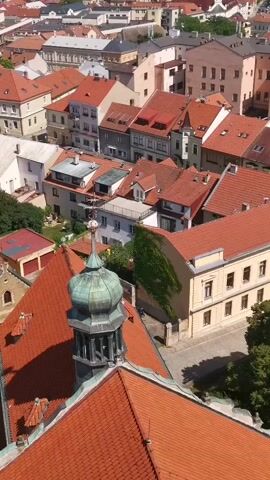 This is a high-angle aerial view of a European city with red-tiled roofs. In the foreground, a green domed spire with a dark metal accent emerges from a red-tiled roof. The spire has intricate dark metal detailing around its base and a pointed finial at its apex. Behind the spire, rows of buildings with red and terracotta roofs stretch into the distance. The buildings are a mix of architectural styles, with some appearing older with pitched roofs and others being more modern. Some buildings are painted in muted colors like cream and light yellow, while others have darker facades. Greenery, including ivy growing on a wall, is visible interspersed among the buildings. The sky appears bright, suggesting a sunny day. No people are visible in the frame.