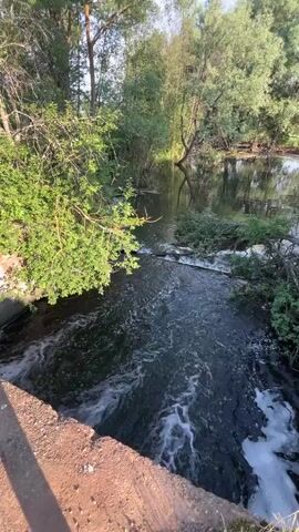 The video shows a small waterfall on a river surrounded by trees. The water is flowing quickly and appears dark. There are green leaves and branches on the trees and some branches in the water. The bank of the river is visible in the foreground and appears to be made of dirt or rock. The sun is shining and the light is casting shadows on the water and trees. The video is short and does not show any people or animals. The overall scene is natural and peaceful.