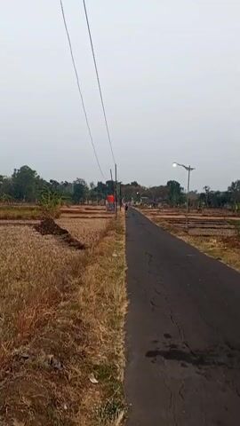 A vertical shot shows a paved road running through a rural area with dry grass and harvested fields on either side. Overhead power lines cross the frame. On the left side of the road, there is a pile of dark soil. On the right side, there is a lamppost. A person is walking down the road in the distance, and a red water tank is visible near the side of the road. The sky is overcast and the overall lighting is dim.