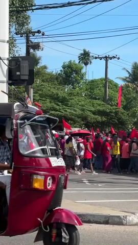 A group of people march across a crosswalk on a sunny day. Many of them are wearing red clothing, and some are carrying small red flags or red umbrellas. A maroon auto rickshaw is visible in the foreground. Traffic poles stand at the edge of the crosswalk. A yellow building with flags along the roofline is across the street.