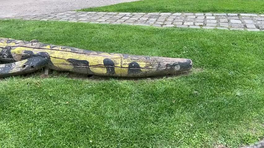 This media file captures a moment in a park, likely in Dortmund, Germany, given the contextual information. The primary subject is a young girl dressed in a light pink hooded jacket and blue leggings, with her hair tied up. She is interacting with a large, wooden sculpture of a snake. The snake sculpture is painted yellow with black markings, mimicking the appearance of a real snake, and is positioned on a lush green lawn. The girl is sitting astride the snake, with her hands resting on its body, as if playing or exploring.

The scene is set in an outdoor environment, characterized by well-maintained grass, a paved pathway constructed with cobblestones, and a backdrop of mature trees and dense greenery. The lighting suggests it is daytime, with overcast skies contributing to a soft, diffused light, implying it might be a cloudy or slightly gloomy day.

The activity taking place is a child's playful engagement with a park sculpture. The girl's posture and focus suggest curiosity and enjoyment, typical of a child exploring their surroundings. The wooden snake, being a tactile and visually interesting object, serves as a focal point for her interaction.

Notable details include the textured wood of the snake sculpture, showing signs of wear and tear, which adds to its rustic charm. The surrounding environment appears peaceful and natural, suitable for recreation and relaxation. No visible text is present in the media file.