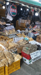 Dog visits traditional market stalls in Daegu, South Korea