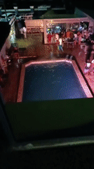 Nighttime gathering at outdoor pool draws crowd
