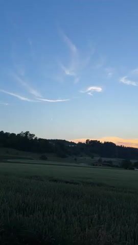 The video shows a wide shot of a rural landscape at dusk. The sky is a gradient of blue and orange, with thin white clouds. In the foreground, there is a dark green field of crops, likely wheat or barley. In the middle ground, there is a rolling hill covered with trees and a few scattered buildings. The overall mood is peaceful and serene.
