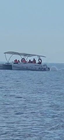 A group of people wearing life jackets are on a white catamaran with a canopy. The catamaran is moving through the water, creating a wake. There is text on the side of the boat that says "МОРЯК". The sky is overcast and the water is choppy.