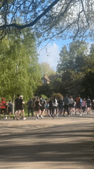 Diverse group of runners fills London park road