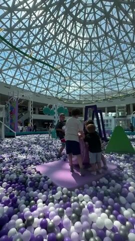 The video shows a group of young children playing in a large indoor ball pit. The ball pit is filled with hundreds of purple, white, and gray balls. In the center of the ball pit, there is a large purple inflatable toy. Four children are interacting with the toy. One child is standing on top of the toy and appears to be pushing something. Three other children are gathered around the toy, with two of them appearing to be younger.

The ball pit is located inside a large building with a geodesic dome ceiling. The ceiling is made of glass and metal, allowing natural light to filter in. The light suggests it is daytime, likely a sunny day given the brightness. In the background, there are various playground structures, including slides and climbing walls, also colored in bright purples and whites. The overall atmosphere appears to be one of fun and energetic play. The children's body language suggests they are engaged and enjoying themselves. There are no visible signs or text in the video.
