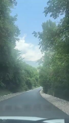 This is a first-person perspective video recorded from a vehicle driving along a paved road. The road is surrounded by lush green trees and vegetation, suggesting a natural, possibly mountainous or hilly environment. The sky is a bright blue with some scattered white clouds, indicating pleasant weather and likely daytime. In the distance, mountains can be seen, shrouded in a light haze, hinting at the scale and topography of the location. The road itself appears to be relatively new, with gravel on the sides. There are utility poles and wires visible along the side of the road, suggesting that this is a populated area, though no people are visible in the immediate frame. The overall mood is serene and peaceful, evoking a sense of travel and exploration through a scenic landscape. The location is identified as Гүмкана, Kyrgyzstan.