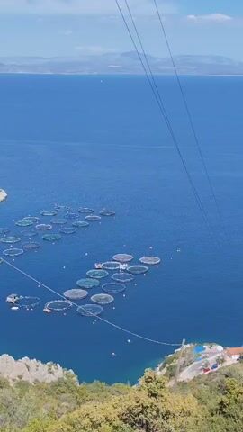 The video shows an aerial view of the sea. In the foreground, there is a hillside with green trees and bushes. Further down the hill, there is a small settlement with buildings and roads. In the sea, there are several circular fish farms. In the distance, there is a body of water and a distant landmass. There are also two cables running across the frame from the top left to the bottom right. The sky is blue with some clouds. The video appears to be filmed from a drone or a high vantage point.