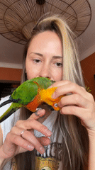 Woman photographed with sun conure parrot in Khimki, Russia