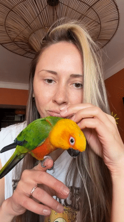 Woman photographed with sun conure parrot in Khimki, Russia