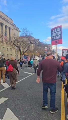 The video shows a protest march taking place on a road with the Washington Monument visible in the background. The protesters are carrying signs that read "QUE SE LARGUE TRUMP YA!" ("Trump Should Leave Now!") in Spanish. There are many people walking in the march, some carrying flags, and one person using a mobility aid. The day appears to be sunny with a partly cloudy sky.