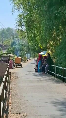 A sunny day scene on a paved road with a railing on the left. On the left side of the road, there is a small structure with a few people, some of whom are seated. Further down the road on the left, there is a yellow trailer with a person standing near it. On the right side of the road, under some trees, a group of people are gathered around a stall with a colorful umbrella. Some people are sitting on the railing and others are standing. The road is lined with trees on both sides, with more dense foliage and bamboo trees on the right. The sky is clear and blue.