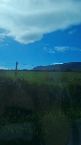 This is a video captured from a moving vehicle, likely a car, as it travels along a scenic route. The footage showcases a vibrant green landscape under a bright blue sky dotted with fluffy white clouds. In the foreground, lush grass and some low-lying shrubs are visible. A wooden fence post and wire fencing are present, suggesting a rural or agricultural setting. In the distance, rolling hills or mountains form a backdrop against the horizon. The sunlight appears strong, indicating it is daytime, possibly late morning or afternoon. The overall mood is serene and picturesque, conveying a sense of peaceful travel through the Irish countryside, with hints of the coastline visible further on. No people or specific objects like text are clearly discernible in the video. The location cues suggest a coastal area in Ireland, possibly near a pier given the "Pier Road" context.