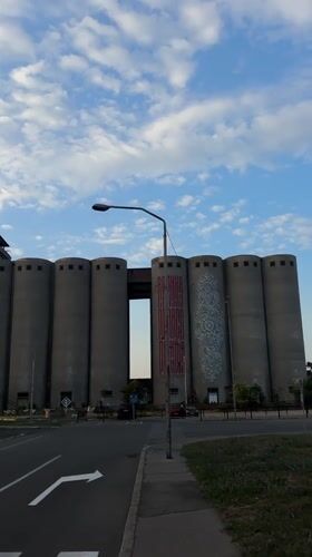 Belgrade's industrial silo complex at golden hour