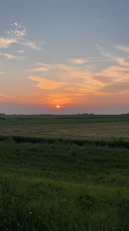 Golden hour over the flat green fields of Genemuiden