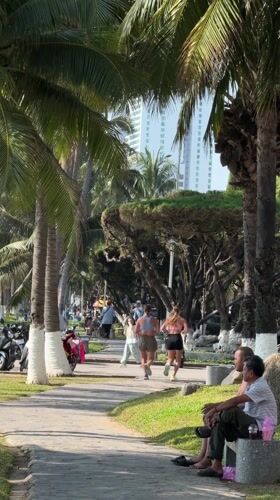 Women jog on tree-lined pathway in Trang heritage area