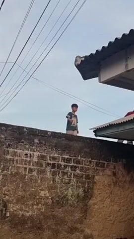 A low-angle shot shows two children, a boy and a younger boy, on the roof of a structure. The roof is sheet metal. The younger boy wears a red top, while the older boy wears a green t-shirt with "75" on it, and light-colored shorts. The boys stand atop a brick wall with a section of tan stucco. Above, power lines extend across a pale blue sky. A corrugated roof overhangs part of the wall where the boys stand.