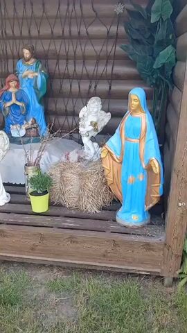 The video shows a nativity scene set up in a wooden structure. The scene includes statues of Mary, Joseph, and baby Jesus, along with an angel and a sheep. There are also several hay bales, potted plants, and some decorative elements. The background shows a wooden wall and some greenery. The video pans across the scene, offering different angles of the nativity display.