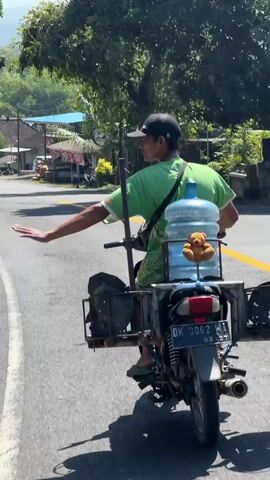 Here is a description of the video:

The video shows a man riding a motorcycle down a road in a rural area. The man is wearing a green shirt, a black cap, and sandals. He has a water jug and a small teddy bear strapped to the back of his motorcycle. The motorcycle has a custom metal rack on the back, and also metal containers attached to the sides. The man is holding his left arm out to the side, as if signaling a turn. The road is asphalt and has a yellow center line. There are trees and houses lining the road. Other vehicles can be seen driving along the road. The video appears to be shot from behind the motorcycle.