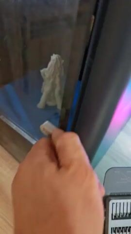 The video shows a 3D printer with a white object on its blue print bed. The object appears to be a sculpture of several intertwined figures, possibly human-like, with flowing hair or drapery. The print bed is labeled "COOL PLATE" and "PLA 50-60". In some frames, a person's hand is visible, touching the edge of the print bed, suggesting the object might be ready for removal. The background shows the interior of the 3D printer and a wooden floor.