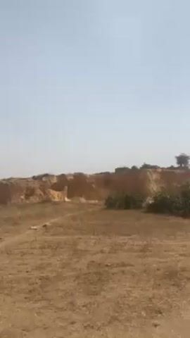 The video shows a dry, arid landscape under a hazy sky. In the distance, there is a large, low cliff formation, likely composed of reddish-brown earth or rock. The cliff is uneven, with various cuts and crevices, suggesting it may be the result of erosion or quarrying. In front of the cliff, the ground is barren, covered with dry grass and scattered vegetation. Some small bushes are visible near the base of the cliff. The camera appears to be static, providing a wide shot of the landscape.