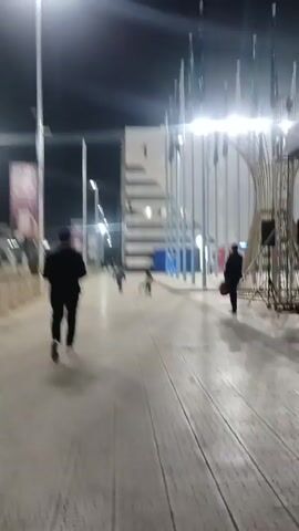 The video shows a man in a black suit walking away from the camera on a tiled walkway at night. Ahead of him are two children, one wearing a blue-grey jacket and the other a light-colored coat. A small dog runs alongside the children. Streetlights illuminate the scene. Buildings with flags flank the walkway. Other people can be seen in the distance, walking in the same direction.