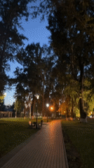 Dusk walk along Votkinsk Reservoir's tree-lined embankment