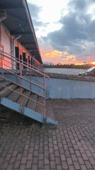 Sunset over a Belarusian logistics facility, trucks and all