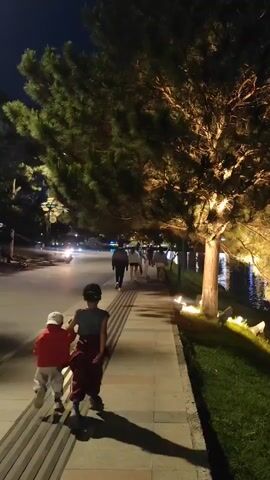 A nighttime scene unfolds along a paved walkway adjacent to a road and a body of water. A large, evergreen tree with illuminated branches casts a warm glow over the walkway. In the foreground, two figures, likely a child and an adult, walk away from the camera. The child, wearing a red garment and a white hat, is in front, while the adult, dressed in dark clothing with a red sash, walks behind. Further down the walkway, several other individuals are seen walking in the same direction. The road to the left features passing vehicle lights, suggesting a moderate amount of traffic. The environment appears to be a park or a scenic waterfront area, enhanced by ambient lighting.