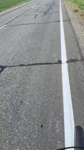 The video is a first-person perspective shot from a moving vehicle, likely a bicycle, on a paved road. The road surface is gray asphalt with visible cracks that have been patched with black material. A white line marks the right edge of the lane. On either side of the road, there are grassy shoulders and fields of green crops under a clear sky. Telephone poles are visible in the distance. The camera is focused on the road ahead, with the right rear wheel of the vehicle visible at the bottom edge of the frame. The vehicle is moving forward at a steady pace.