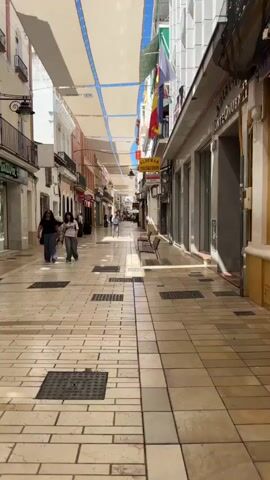 The video shows a pedestrian street lined with buildings on both sides. The street is paved with light-colored rectangular stones and has a few manhole covers. Above the street, white fabric shades are strung across to provide shade from the sun. Several people are walking along the street. On the left side, two women are walking towards the camera, one in a dark top and pants, the other in a white t-shirt and green pants. Further down the street on the left, there are storefronts, including one with a green sign that reads "Natura". On the right side of the street, there are more storefronts, benches, and a sign that reads "HOTEL ALDEMAR". The buildings have balconies and some flags are visible on the right side. The sky is blue with some clouds. The scene appears to be in a European city, likely during the daytime.