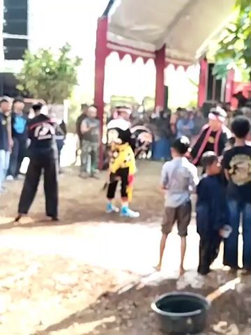 The video shows an outdoor cultural performance. In the foreground, several children stand watching, with one boy in a light blue shirt and shorts in the center. Behind them, a group of adults are gathered, many dressed in dark clothing. Two performers are the focus of the action: one on the left wearing a black outfit with a white stripe and a white rope or whip, and another in the center wearing a colorful yellow and black costume with elaborate headwear, holding a prop that resembles a horse's head. The performer on the right, also in a black outfit, appears to be interacting with the central performer, possibly in a ritualistic or combative manner. White confetti or streamers are being thrown into the air, creating a visual effect in the frame. The environment appears to be a rural setting, with a dirt ground, some puddles of water, and a tent structure with red and white coverings in the background. Beyond the tent, a field with a white flag on a pole is visible, and trees are present on the right side of the frame. The overall atmosphere suggests a lively event or celebration.