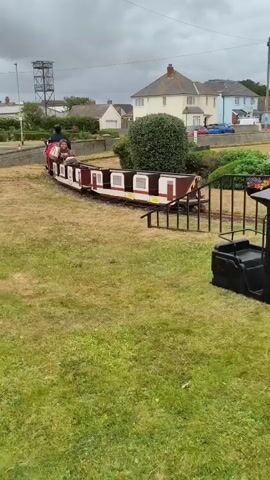 A miniature train with several carriages and passengers is seen on a track that runs through a grassy area. The train is moving from left to right. In the background, there are houses and trees. A black miniature train engine with the name "ROY" is visible in the foreground. The sky is overcast.