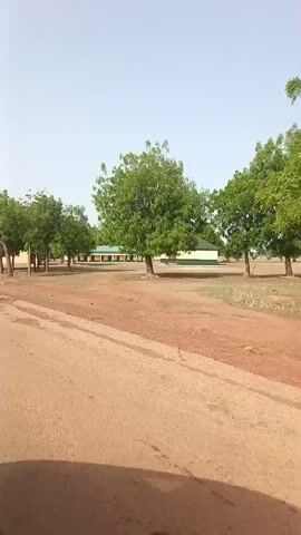 The video shows a dirt road leading towards a school building. The school building is a long, one-story structure with a green roof. There are trees along the side of the road, which partially obscure the view of the school. The sky is light blue, suggesting a clear day. The video seems to be taken from a moving vehicle.