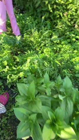 A girl in pink pants and a white t-shirt smells a cluster of purple flowers. She then turns to the camera and smiles. She is standing in front of a grey wooden house with white trim and windows. The area is filled with green plants and flowers.