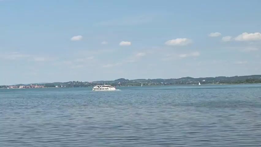 A wide shot captures a serene lake under a bright, clear blue sky with scattered white clouds. The water is a calm, deep blue, with gentle ripples reflecting the sky. In the middle distance, a white passenger boat with multiple decks travels from left to right across the frame. Along the far horizon, a tree-lined shore is visible, dotted with buildings of various colors and sizes, suggesting a town or city. Several sailboats with white sails can be seen in the distance, adding to the sense of activity on the water. In the foreground, closer to the camera, two white swans are peacefully floating on the surface of the lake, adding a touch of natural beauty to the scene. The overall impression is one of tranquility and a pleasant summer day by the water.