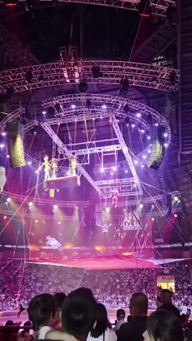 The video shows a large indoor arena during a performance. The focus is on a circus-like act taking place high above the audience. Several performers are suspended in the air on intricate rigging, including trapezes and platforms. They appear to be in mid-performance, with some individuals swinging and others standing on elevated structures. The arena is brightly lit with stage lights in shades of pink and purple, creating a dramatic atmosphere. Large speakers are mounted around the circular stage structure. Below, a large crowd of spectators is visible, seated in tiered seating and facing the performance area. The image is slightly blurry and appears to be filmed from the perspective of someone in the audience.