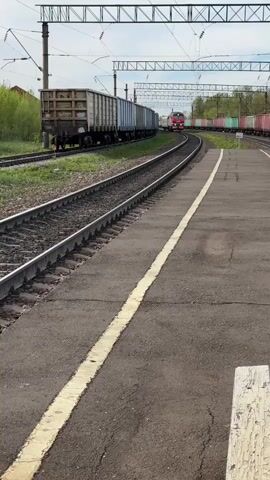 A ground-level, stationary shot shows a railway station platform with two sets of tracks. On the left track, a line of freight cars is visible, painted in shades of gray and blue. A red locomotive approaches on the right track, pulling a train of colorful freight cars painted in red, green, and other colors. An overhead power line stretches above the tracks, supported by metal structures. The platform surface is asphalt with a painted yellow safety line. Vegetation is visible in the background beyond the tracks. A bench sits on the right side of the frame. Two people can be heard speaking Russian in the background.
