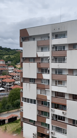 Apartment building and stuffed rabbit documented in Zlatograd