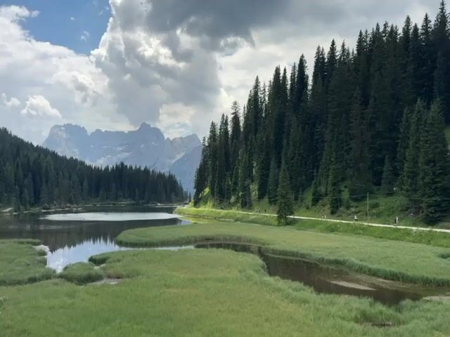 This is a horizontal, medium shot video of a scenic landscape in Auronzo di Cadore, Italy. The scene depicts a tranquil lake surrounded by lush green grass and dense evergreen forests. In the background, majestic, rocky mountains rise under a partly cloudy sky. The clouds are dramatic and white, suggesting a dynamic weather pattern.

A walking path runs along the right side of the lake, bordering the forest. Several people are visible on this path, walking or jogging, indicated by their small, silhouetted figures. They appear to be enjoying the natural beauty of the area. The water of the lake is calm, reflecting the trees and the sky, creating a mirror-like effect. The foreground features marshy areas with tall green grass, adding to the natural and untouched feel of the location.

The overall mood is peaceful and serene, inviting viewers to appreciate the grandeur of nature. The time of day appears to be daytime, possibly late morning or early afternoon, given the brightness of the light and the shadows. The combination of the lake, forest, and mountains creates a classic alpine vista, characteristic of the Dolomites region. No visible text is present in the video.