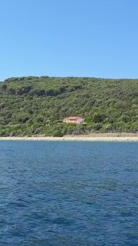The video shows a distant, red-roofed building situated on a densely forested green hill. The building appears to be the only man-made structure visible on the hillside, which slopes down towards a rocky shoreline. The foreground is dominated by the deep blue, slightly choppy water of the sea, suggesting the video was filmed from a boat or a similar watercraft. The sky above is a clear, bright blue, indicating fair weather. The overall impression is one of a serene, remote coastal landscape.