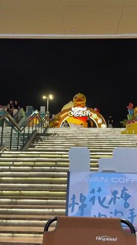 Evening scenes captured around cartoon duck installation in Tianhe District