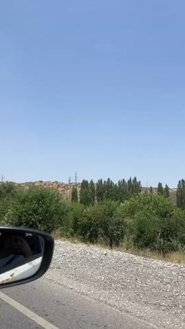 The video shows a view from the passenger side of a moving vehicle. The side mirror reflects a person wearing a white t-shirt, looking at their phone. Outside the vehicle, a road with a gravel shoulder is visible. Lush green trees and vegetation line the roadside, with a clear blue sky overhead. In the distance, power lines and utility poles can be seen. The scenery suggests a rural or semi-rural environment during daylight hours.