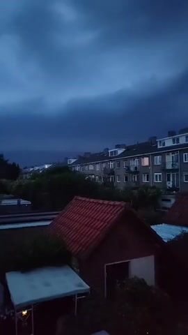 This video captures a twilight scene of a row of apartment buildings with windows lit from within, contrasted by a dark, cloudy sky that suggests an approaching storm. In the foreground, there are residential structures with red-tiled roofs, one with an open doorway revealing a warm, interior light. Lush green foliage surrounds the buildings, and at the very bottom right, a cluster of pink and white flowers adds a touch of color to the otherwise subdued palette. The overall atmosphere is tranquil yet ominous, with the darkening sky hinting at dramatic weather changes.