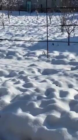 The camera focuses on a snow-covered field under bright sunlight, causing strong shadows. The snow has a lumpy texture, marked by irregular hills and dips. There is a metal frame of a fence or structure positioned in the upper portion of the shot. The scene appears still with no visible movement.