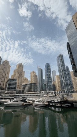 Dubai waterfront and urban scenes documented during sunny morning