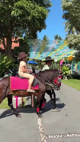 A young girl wearing a tan outfit and a brown cowboy hat rides a brown pony. The pony has a pink saddle pad. A man wearing a black hat and a green shirt stands next to the pony, holding its reins. They are on a paved path next to a grassy area with palm trees and other greenery. In the background, there is a colorful tent-like structure and a playground. The sky is blue and clear.
