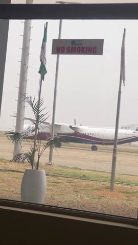 The view from inside a building or room looking out of a window toward an airport tarmac. In the foreground, a small potted palm plant stands in front of the window. Above the plant, a "NO SMOKING" sign is mounted.  To either side of the sign, two flags are hung on poles, one of which appears to be the Nigerian flag. Outside the window, an Arik Air airplane is seen on the tarmac. The sky is overcast, giving the scene a muted appearance. The ground is a mix of grass and dirt, typical of airport surroundings.